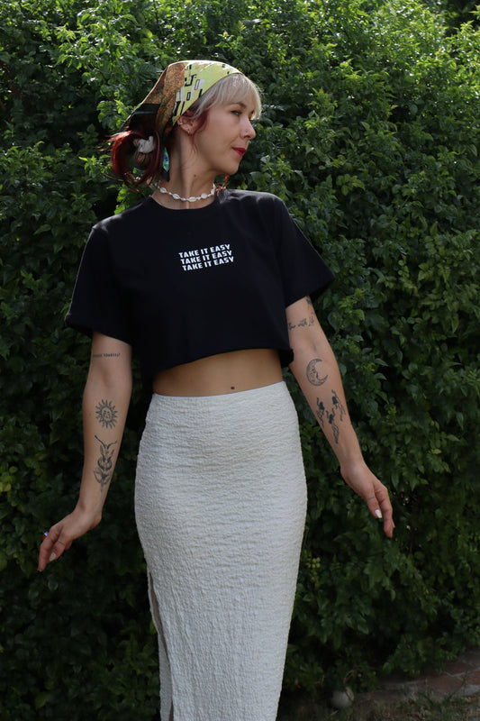 'TAKE IT EASY' Cropped Black Tee