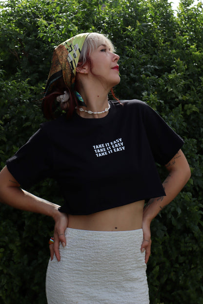 'TAKE IT EASY' Cropped Black Tee