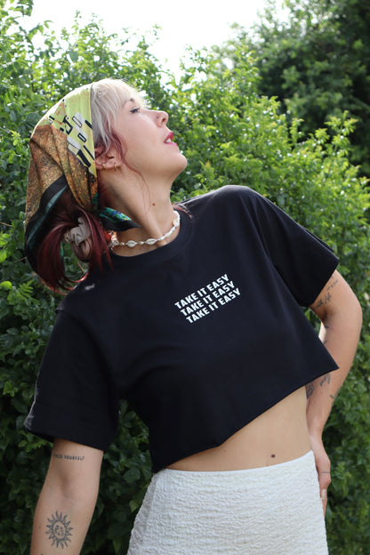 'TAKE IT EASY' Cropped Black Tee