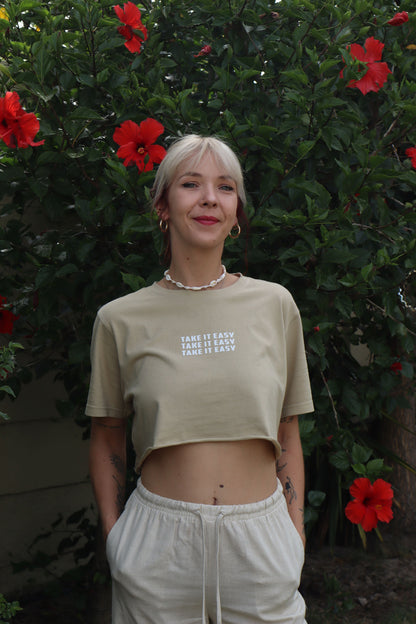 'TAKE IT EASY' Cropped Beige Tee
